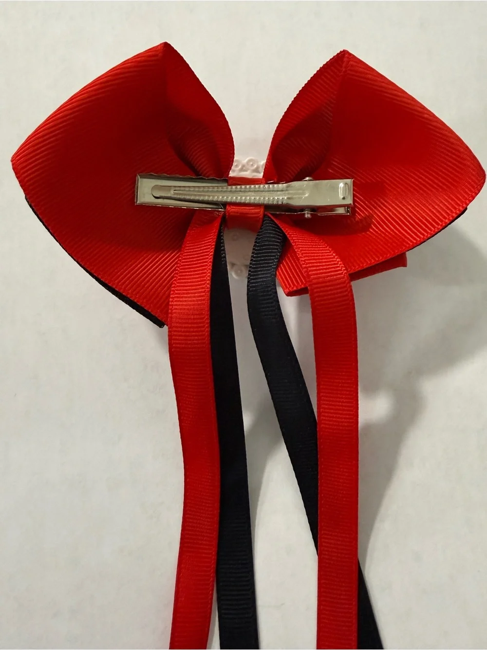 Red and Black Team Ribbon Hair Bow with Rhinestone Medallion